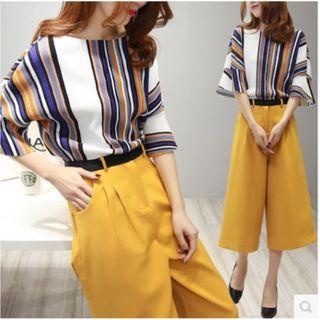 Set: Elbow-sleeve Striped Top + Cropped Wide Leg Pants