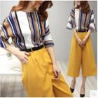 Set: Elbow-sleeve Striped Top + Cropped Wide Leg Pants