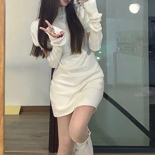 Puff-sleeve Knit Mini Bodycon Dress With Arm Sleeves Off-white - One Size