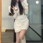 Puff-sleeve Knit Mini Bodycon Dress With Arm Sleeves Off-white - One Size