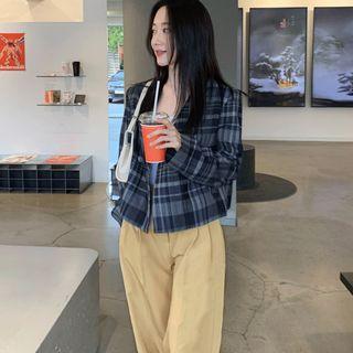 Collarless Checked Cropped Jacket Dark Navy Blue - One Size