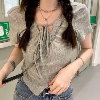 Short-sleeve Tied Top Gray - One Size