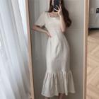 Short-sleeve Ruffle Hem Midi A-line Dress