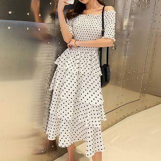 Short-sleeve Dotted Smocked Layered Chiffon Dress