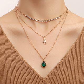 Layered Rhinestone Pendant Necklace 1pc - Gold & Green - One Size