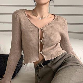 Long-sleeve Plain Ribbed Cropped Cardigan
