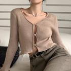 Long-sleeve Plain Ribbed Cropped Cardigan