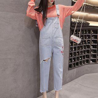 Floral Embroidery Cropped Denim Jumper Pants