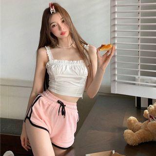 Frill Trim Cropped Camisole / High-waist Contrast Trim Sweatshorts