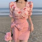 Elbow-sleeve Floral Blouse / Ribbon Mini Pencil Skirt / Set