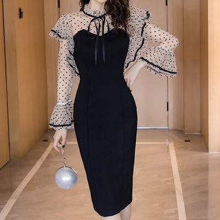 Long-sleeve Mesh-panel Midi Sheath Dress