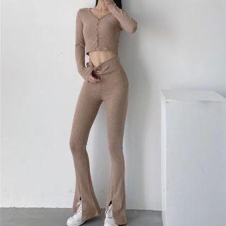 High-waist Slit Knit Boot-cut Pants