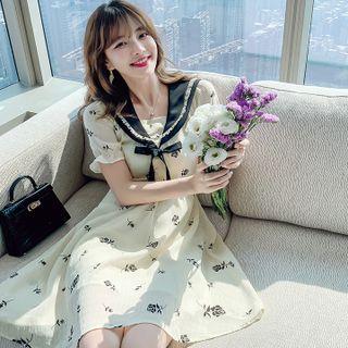 Short-sleeve Floral Print Sailor-collar Midi Dress