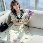 Short-sleeve Floral Print Sailor-collar Midi Dress