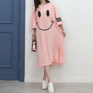 3/4-sleeve Smiley Print Long T-shirt Dress