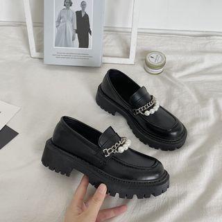 Platform Block Heel Faux Pearl Chain Loafers
