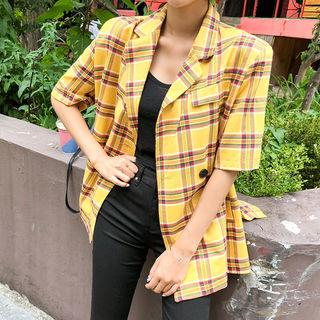 Short-sleeve Plaid Blazer With Belt