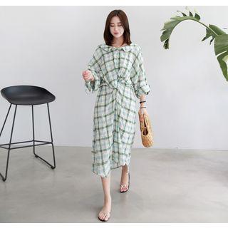 Long-sleeve Knotted-detail Plaid Long Dress