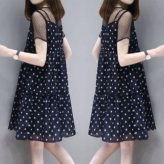 Mesh Panel Dotted Short Sleeve Chiffon Dress