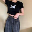 Reflective Butterfly Print Short-sleeve Cropped T-shirt