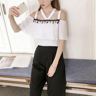 Tasseled Cold Shoulder Short-sleeve Chiffon Top
