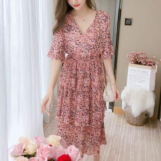 Patterned Short-sleeve Tiered Midi Dress