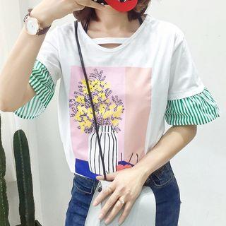 Printed Striped Panel Elbow Sleeve T-shirt