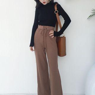 Mock Neck Knit Top / Tie-waist Wide-leg Pants