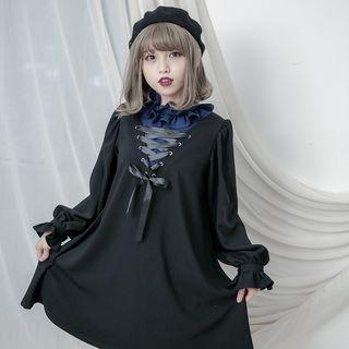 Color Panel Lace Up Detail Long Sleeve Dress