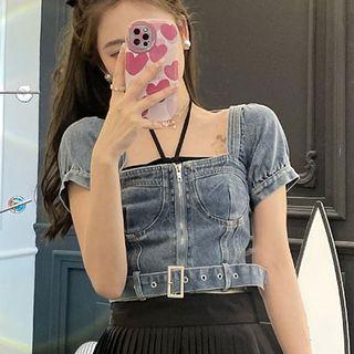 Short Sleeve Square Neck Denim Top