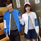 Couple Matching Lettering Color Panel Zip Jacket