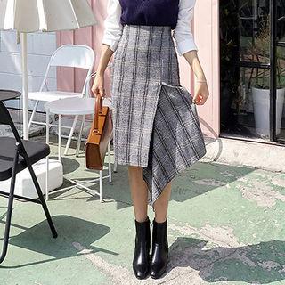 Drape-front Wool Blend Plaid Skirt