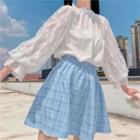 Lace Panel Blouse / Plaid Mini A-line Skirt