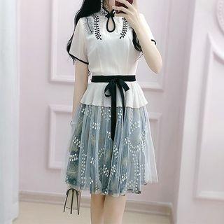 Mandarin Collar Mesh Panel Short-sleeve Mini A-line Dress