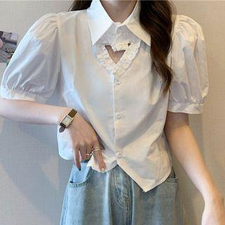 Puff-sleeve Ruffled Heart Cut-out Shirt