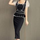 Ruffled Puff-sleeve Midi Sheath Dress