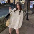 Set: Cable-knit Sweater + Ruffle Hem Mini Skirt Set Of 2 - Almond Sweater & Skirt - Almond - One Size