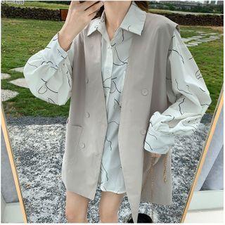 Double Breasted Vest / Print Shirt / Set