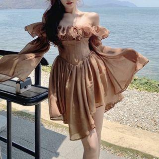 Long-sleeve Off-shoulder Asymmetrical Mini Corset Dress