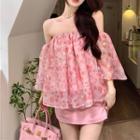Bell-sleeve Off-shoulder Chiffon Blouse / Mini A-line Skirt