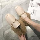 Faux Leather Buckled Faux Fur Lined Mules