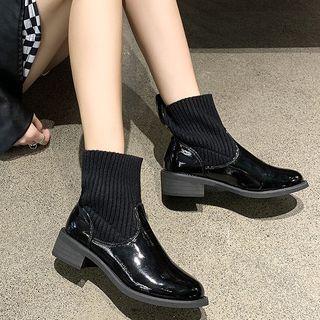 Knit Paneled Low Heel Short Boots