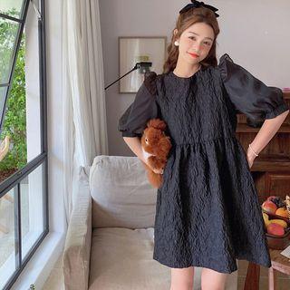 Mesh Puff-sleeve Wood Ear Trim A-line Dress