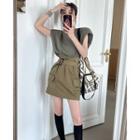 Padded-shoulder Loose Top / Paperbag High-waist Cargo Mini Skirt