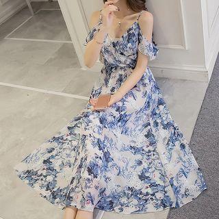 Cold Shoulder Printed Midi Chiffon Sundress
