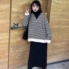 Long-sleeve Turtleneck Top / Striped Knit Top / Midi Skirt