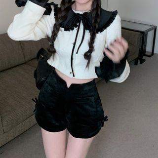 Long-sleeve Tie-neck Button Up Crop Top / Faux Leather Shorts