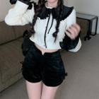 Long-sleeve Tie-neck Button Up Crop Top / Faux Leather Shorts