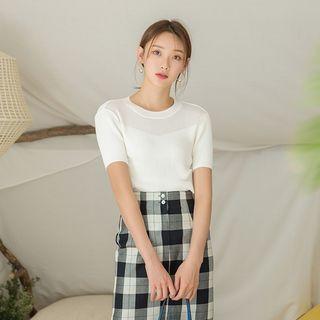 Sheer-yoke Short-sleeve Lightweight Knit Top