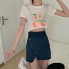 Peach Print Short-sleeve T-shirt / Mini Pencil Denim Skirt